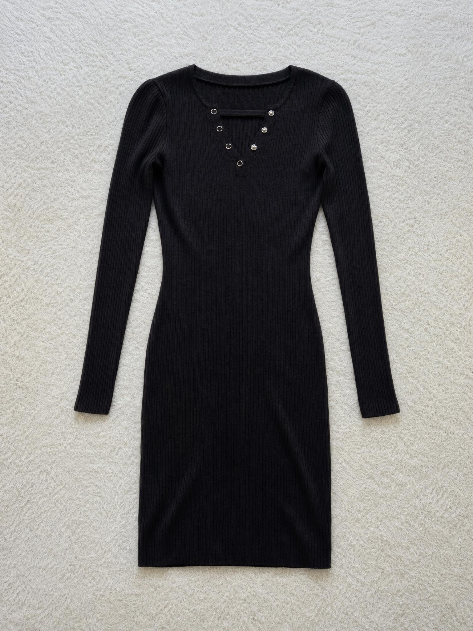 Black Ribbed Long Sleeve Bodycon Midi Dress with Stud Detail