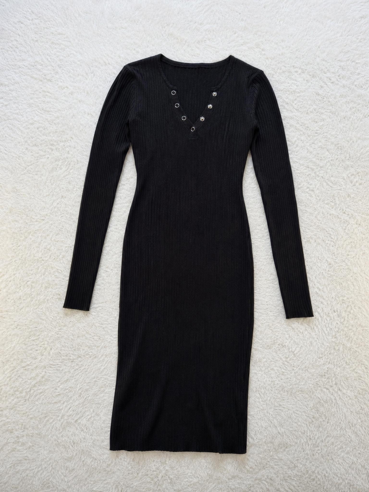 Black Ribbed Long Sleeve Bodycon Mini Dress with Eyelet Detail