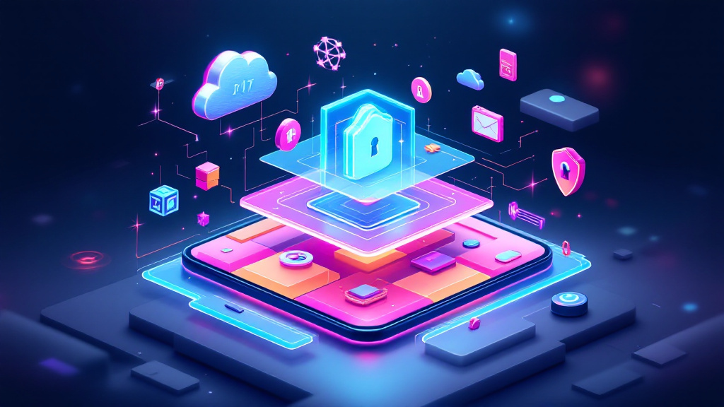 Futuristic smartphone displaying privacy-focused app icons, highlighting 2026 cybersecurity developments and personal data protection