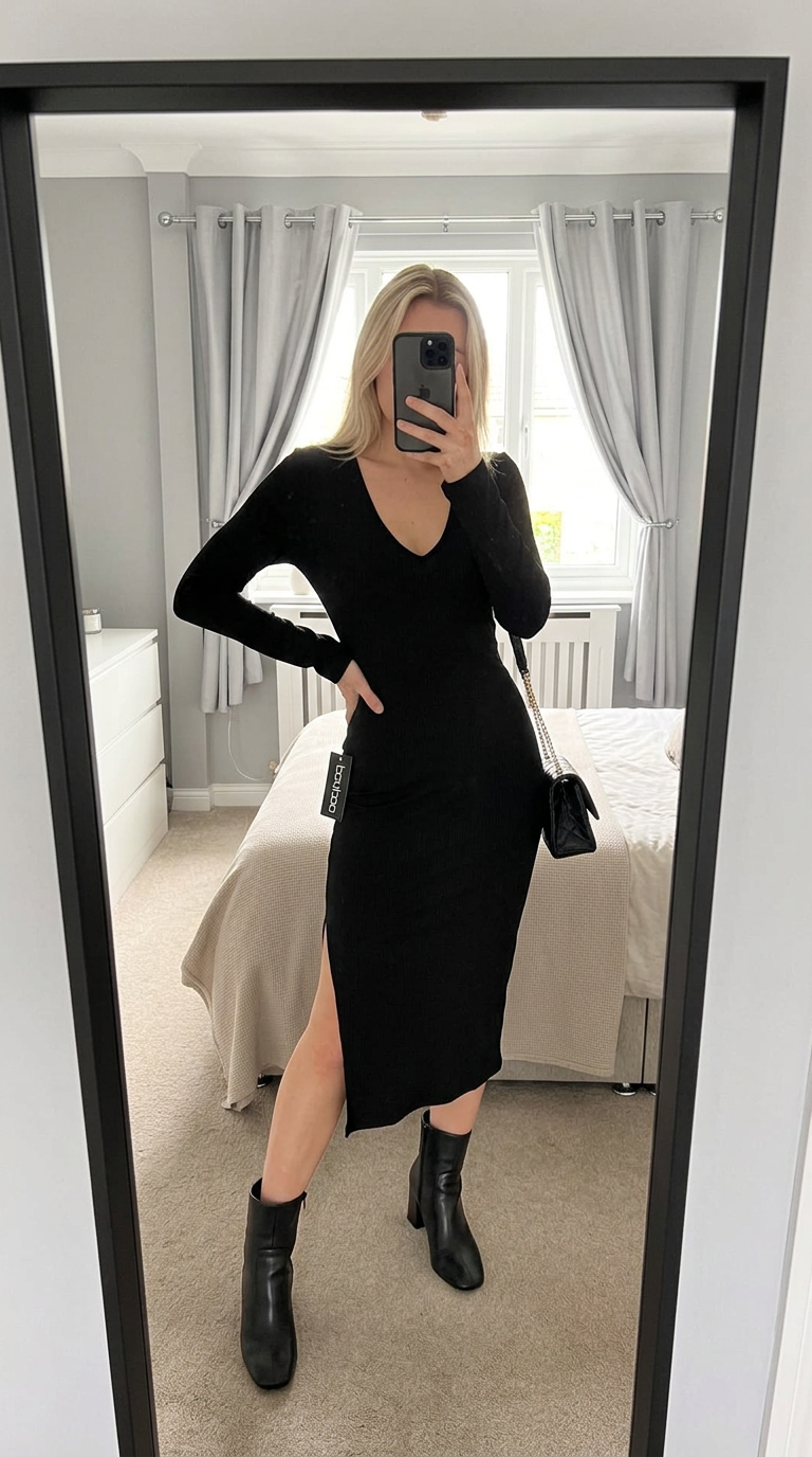 Boohoo Black Ribbed V-Neck Bodycon Midi Dress NWT