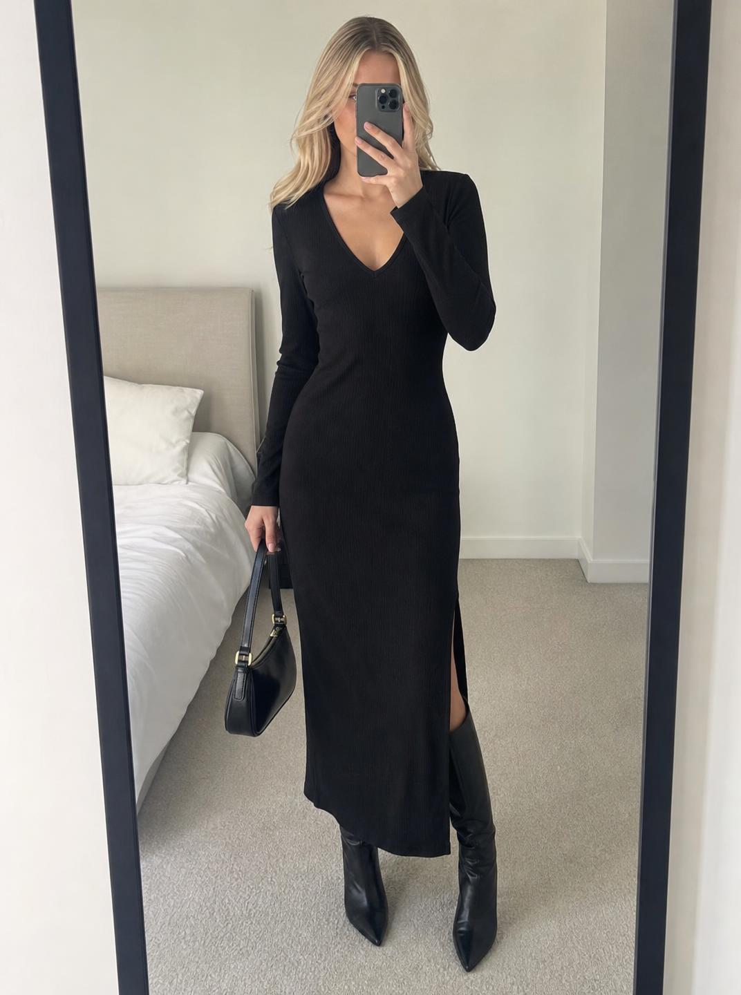 Boohoo Black Ribbed V-Neck Midi Dress UK 8 New With Tags