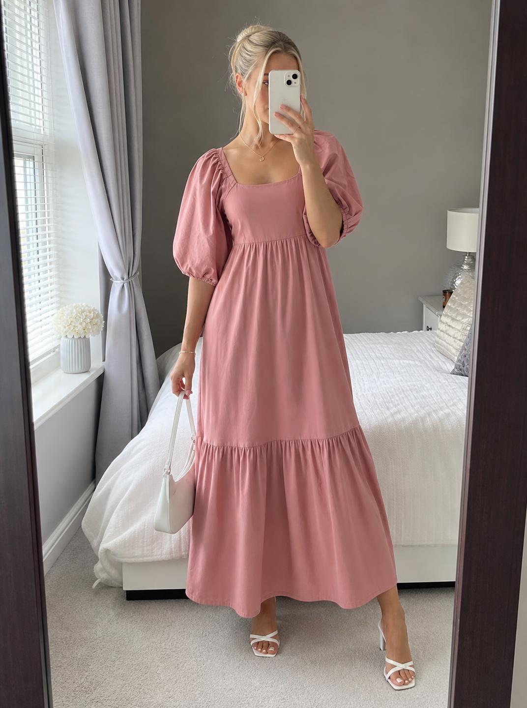 Dusty rose pink puff sleeve tiered midi dress