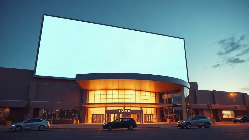 An editorial-style image of a large IMAX theater screen and moviegoers looking up at it