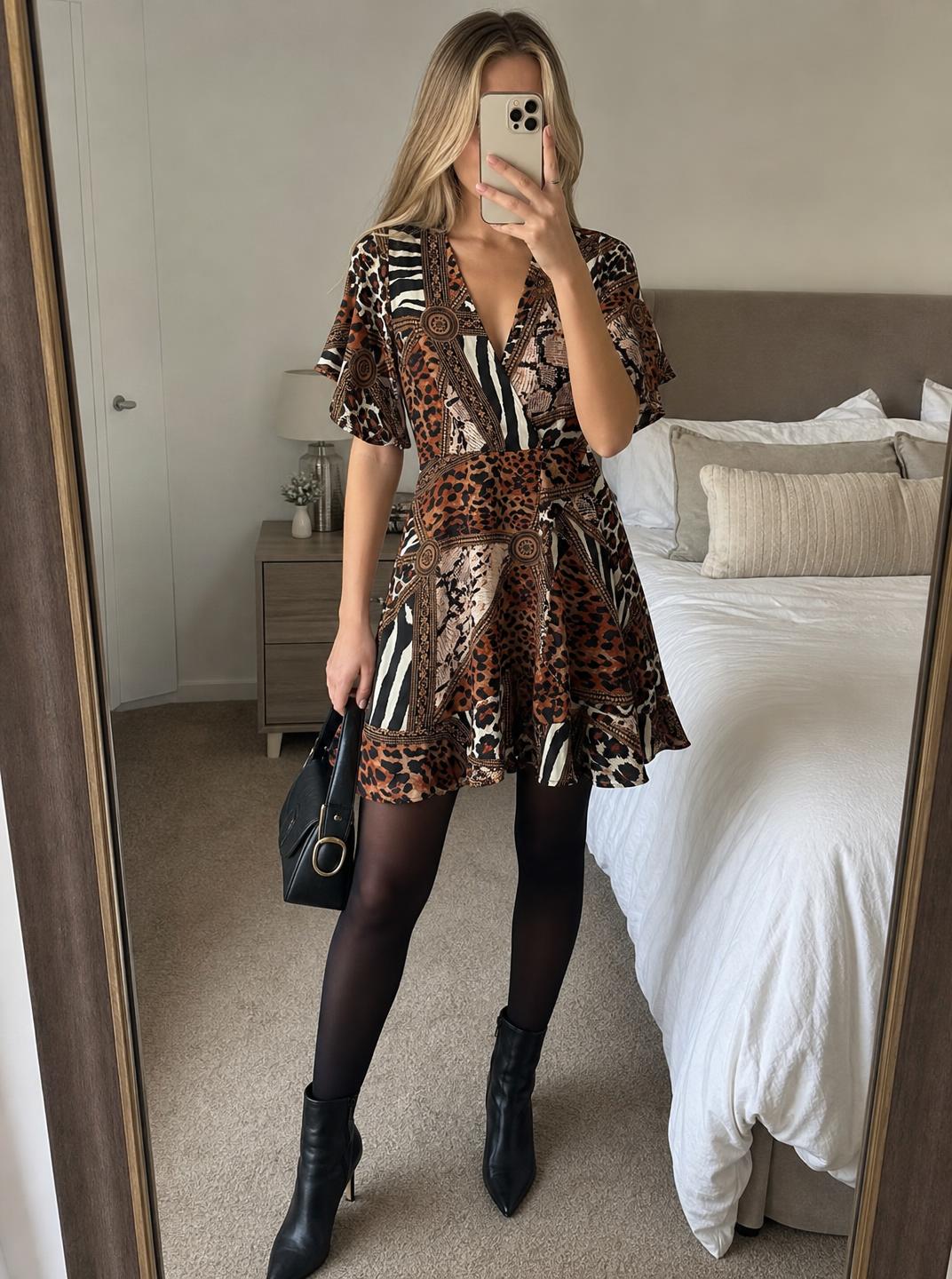 A|X Armani Exchange Animal Print Flare Sleeve Mini Dress