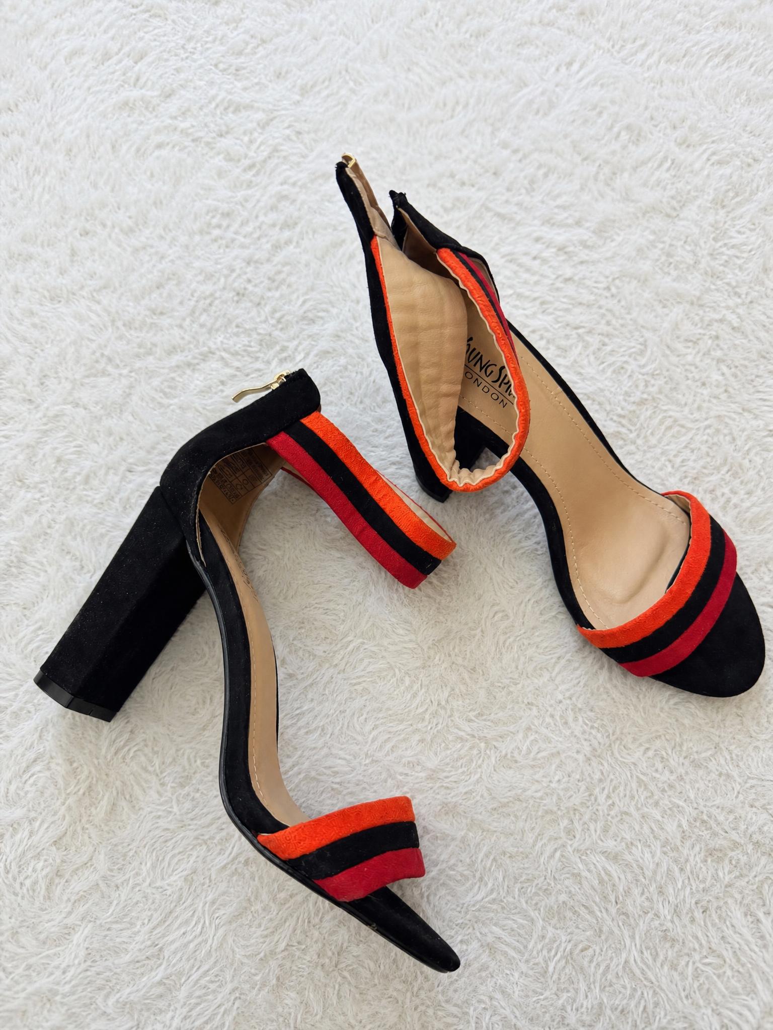Black Pointed Slingback Heels with Orange & Red Stripes