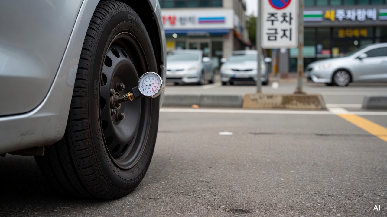 car tire valve with a pressure gauge attached, in a parking lot
