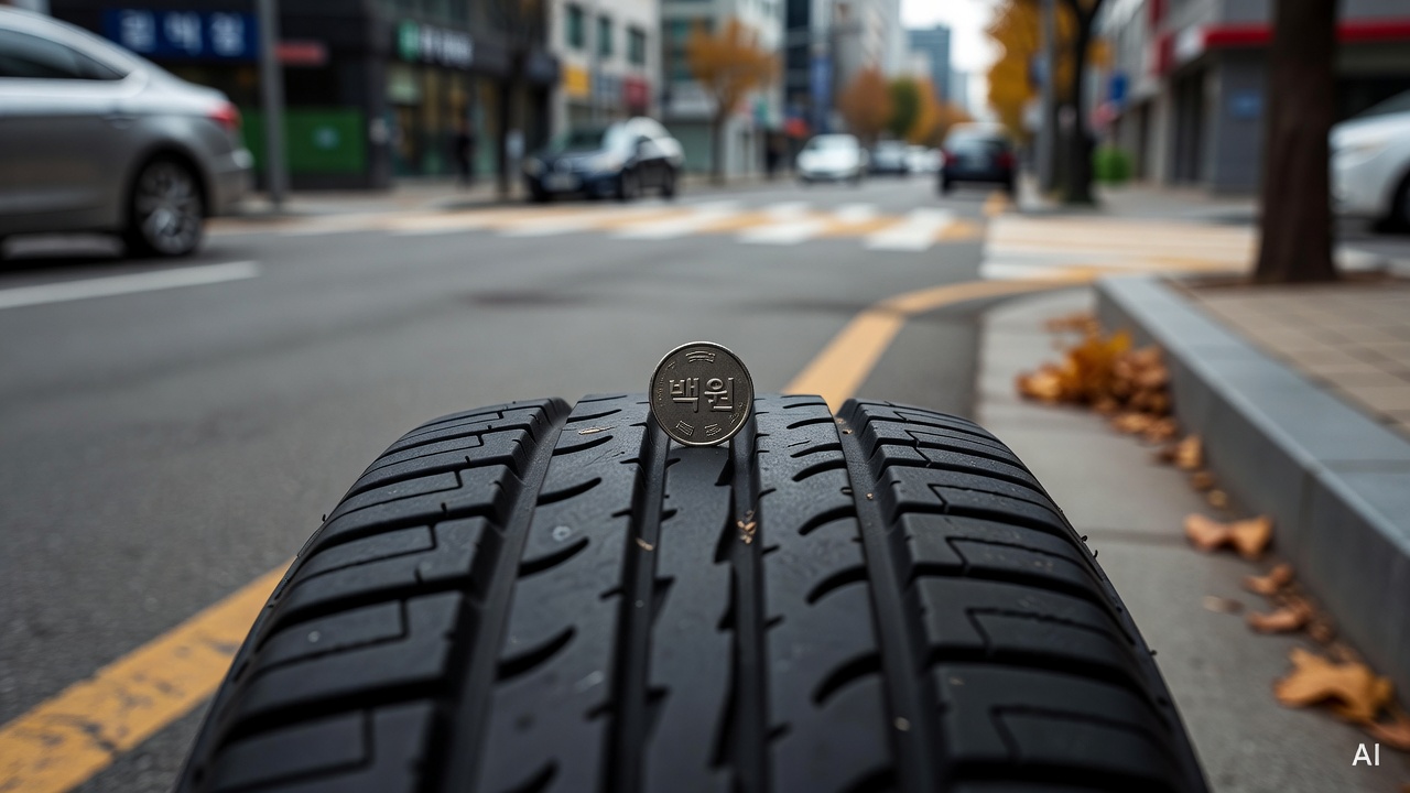 close-up of car tire tread with a coin inserted vertically into the groove