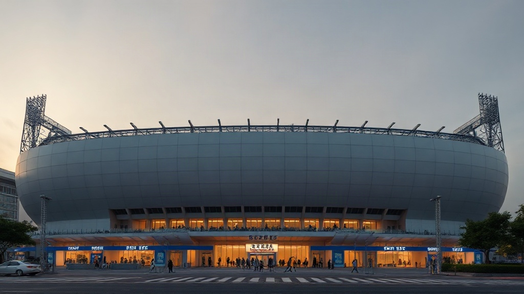 Editorial illustration of a large K-pop stadium concert crowd under bright stage lights in Tokyo