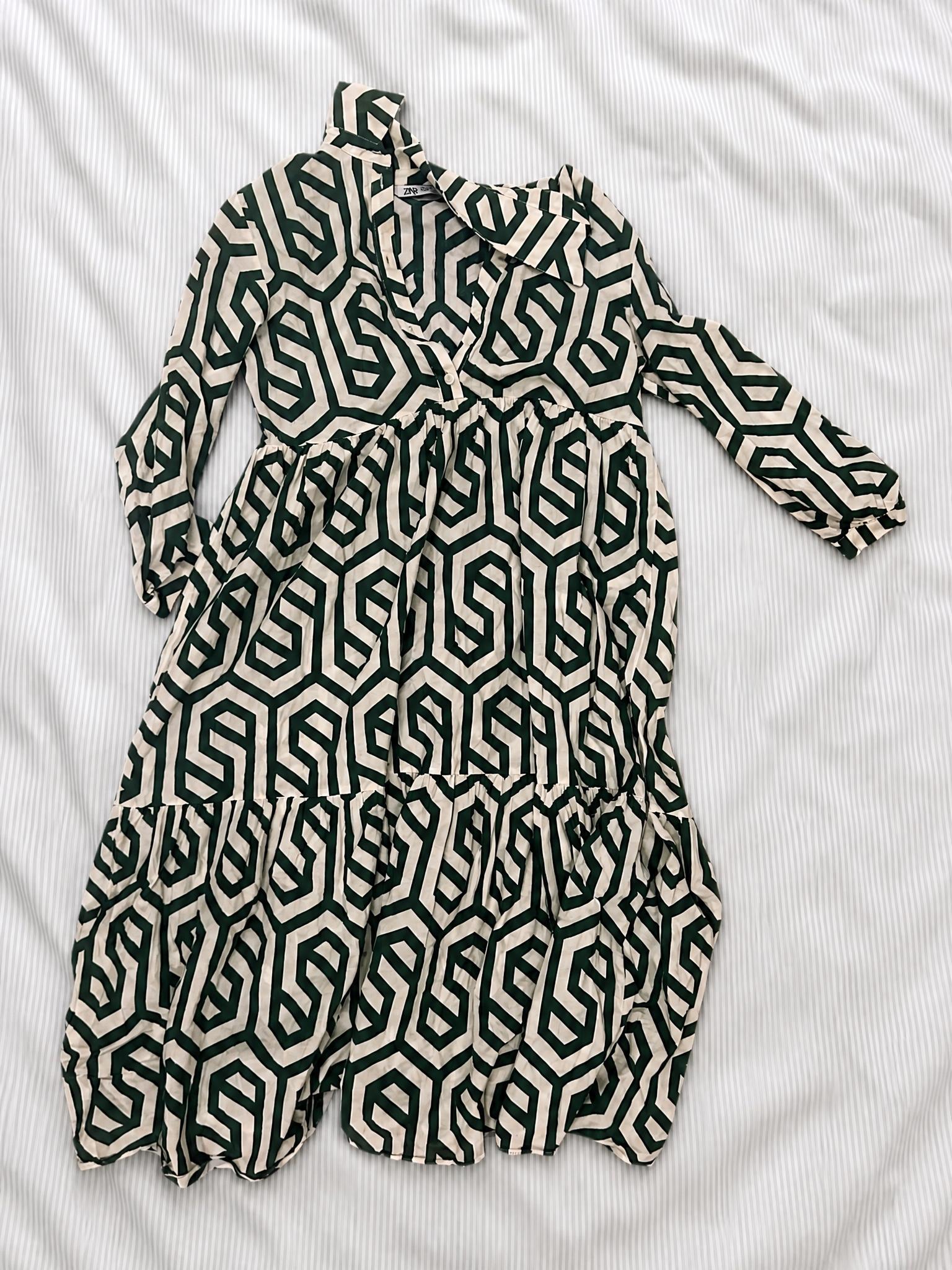 Zara Green & Cream Geometric Print Tiered Maxi Dress