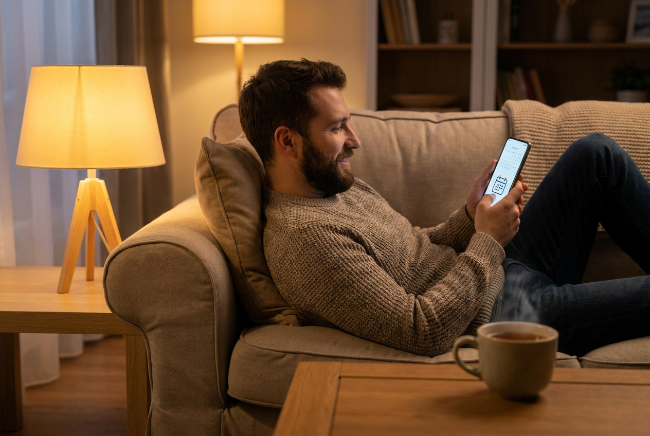 Ontspannen man plant 's avonds thuis op de bank een kennismakingsgesprek in via een app op zijn telefoon