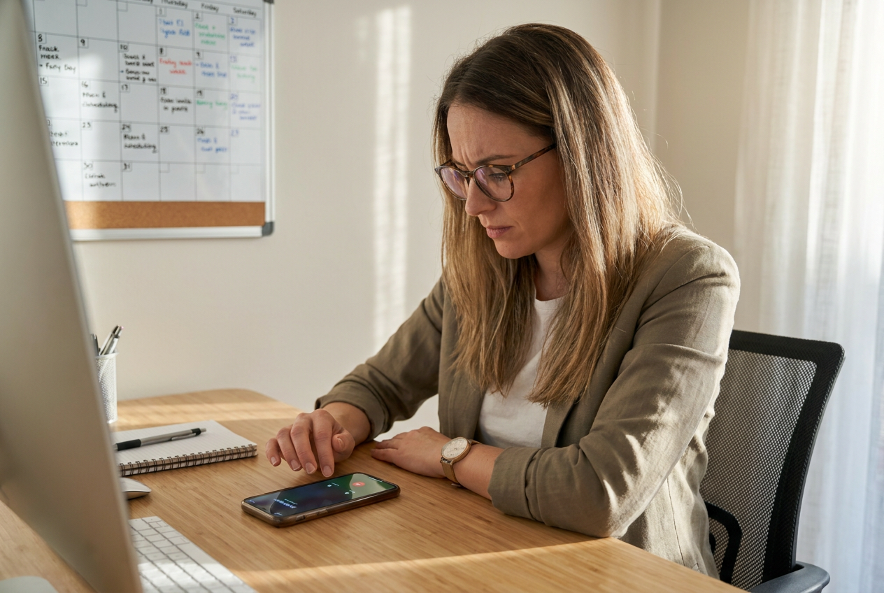 Solo coach kijkt gestrest naar een overgaande telefoon aan haar bureau tijdens een drukke werkdag