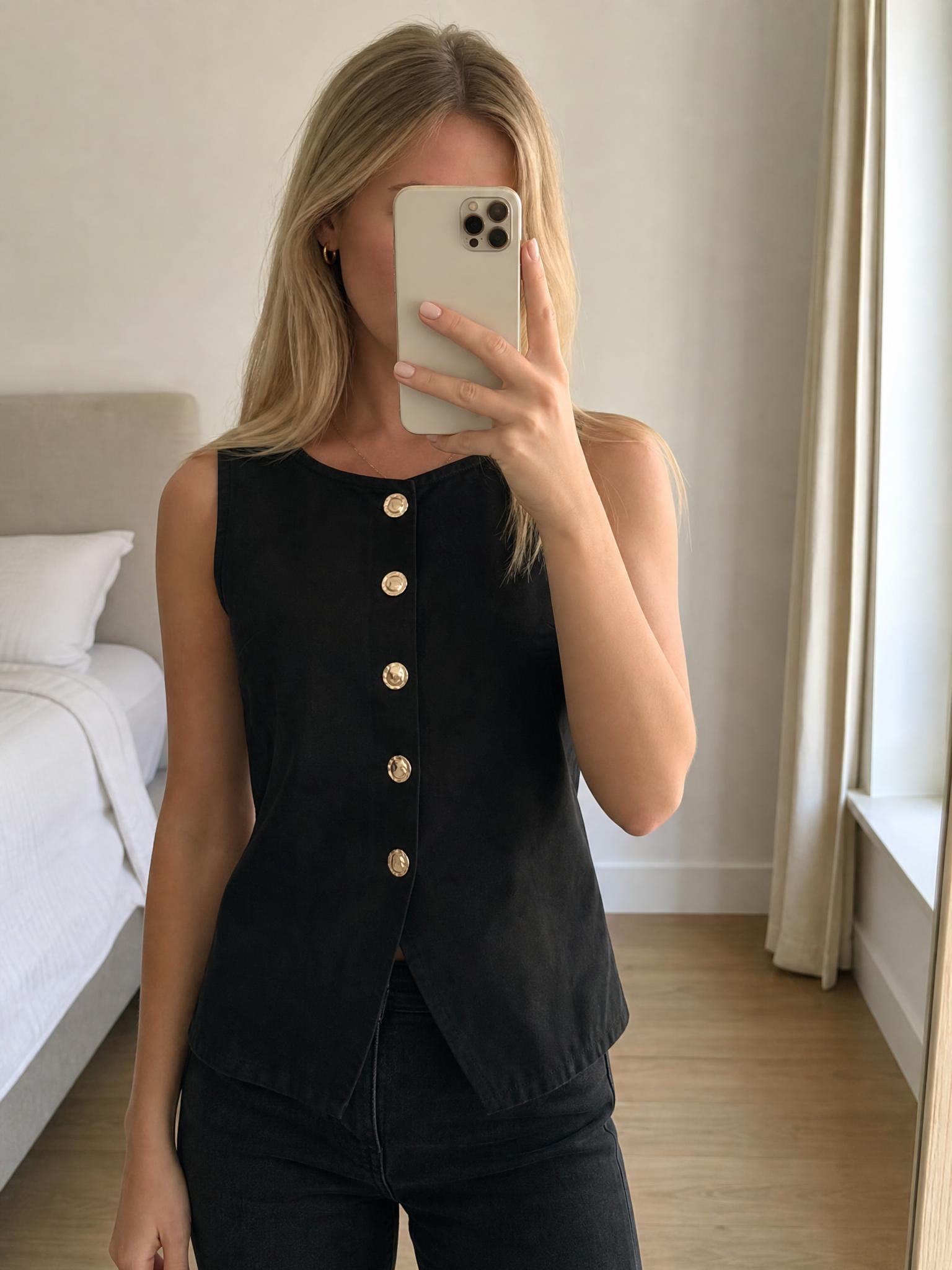 Black sleeveless playsuit with gold buttons, UK 12