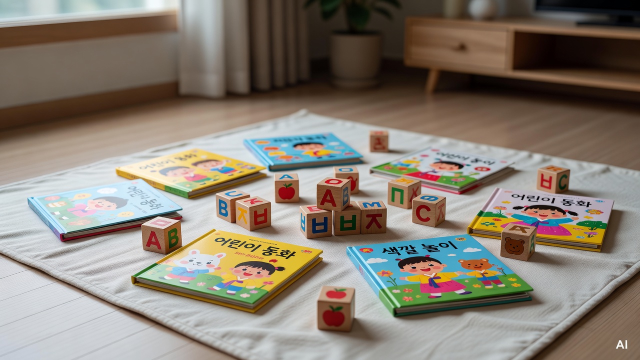 colorful picture books and wooden alphabet blocks arranged on a light-colored play mat