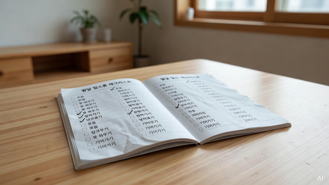 open child health record booklet with developmental milestone checklist on a wooden table