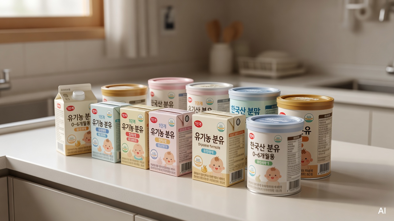 several types of baby milk cartons and formula cans arranged on a white kitchen counter