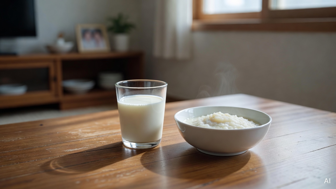 a small glass of white milk and a bowl of baby food on a wooden dining table