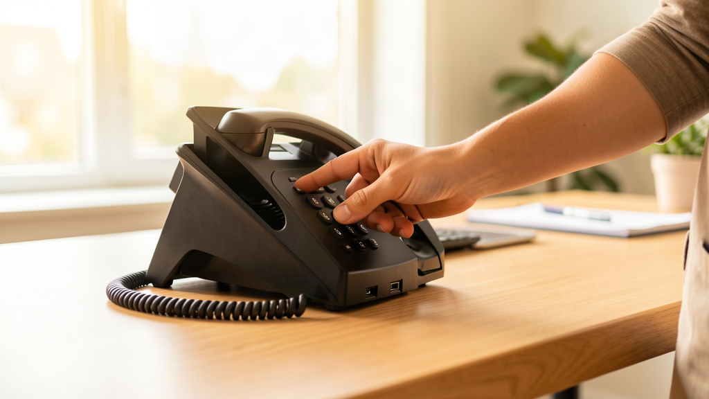 Hand answers a phone in a modern office, bilingual call answering, no text