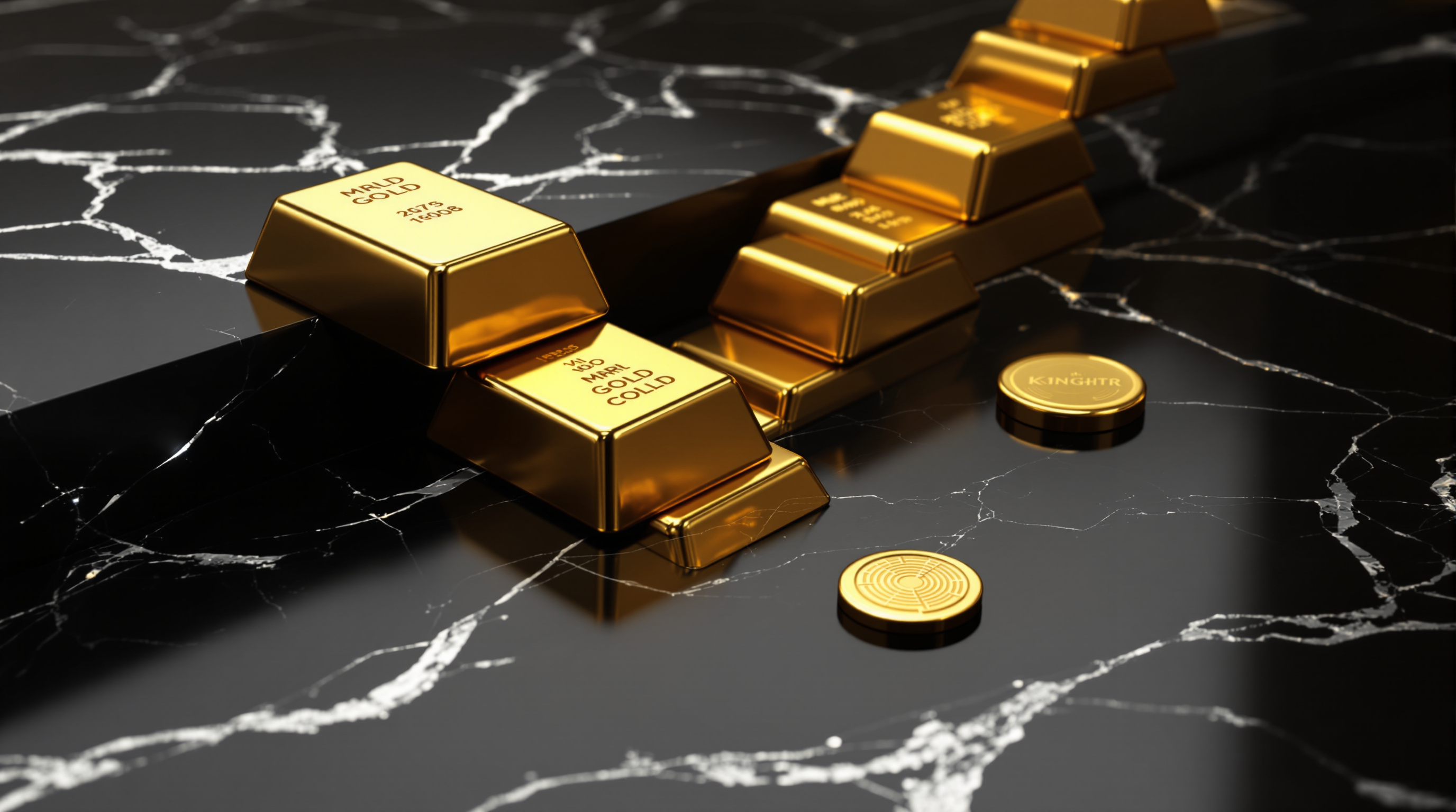 polished gold market bars on a black marble trading plane, with a single gold disk bearing abstract circuit etching (no logos or lettering) — editorial cover artwork for the Knightron story on Markets Slide As Hot Jobs Data Revives Fed Hike Fears