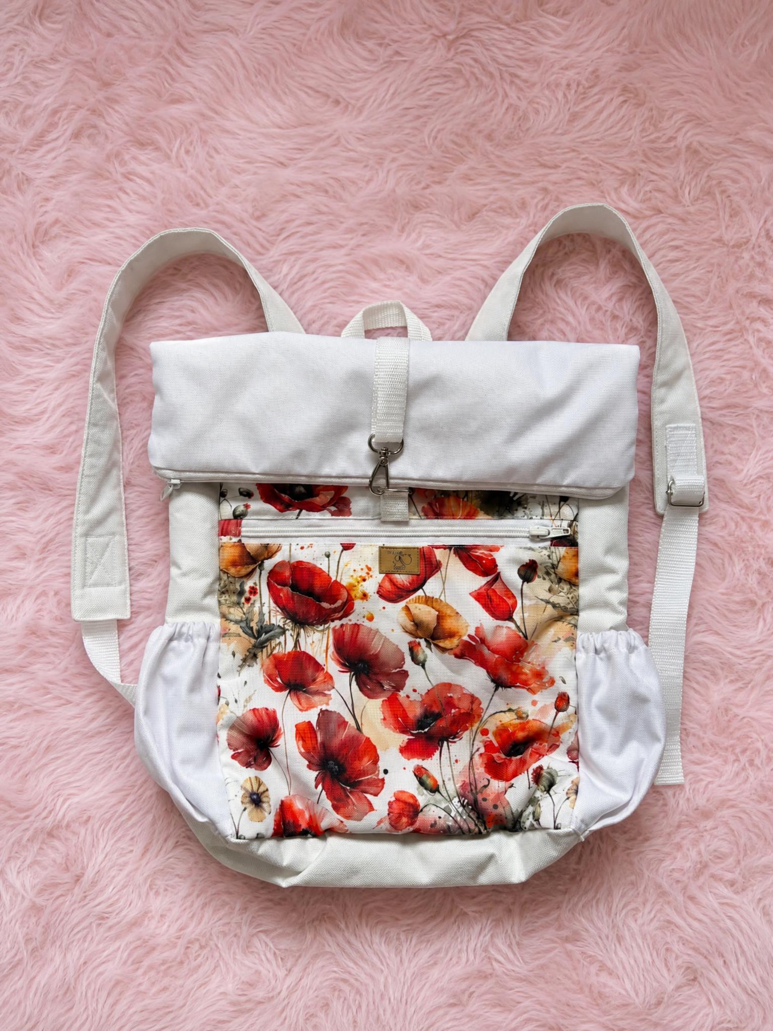 Floral White Backpack with Poppy Print – Very Good Condition