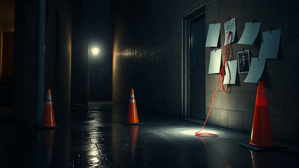 A moody editorial scene suggesting an unsolved murder thriller, with three performers posed against a shadowy backdrop