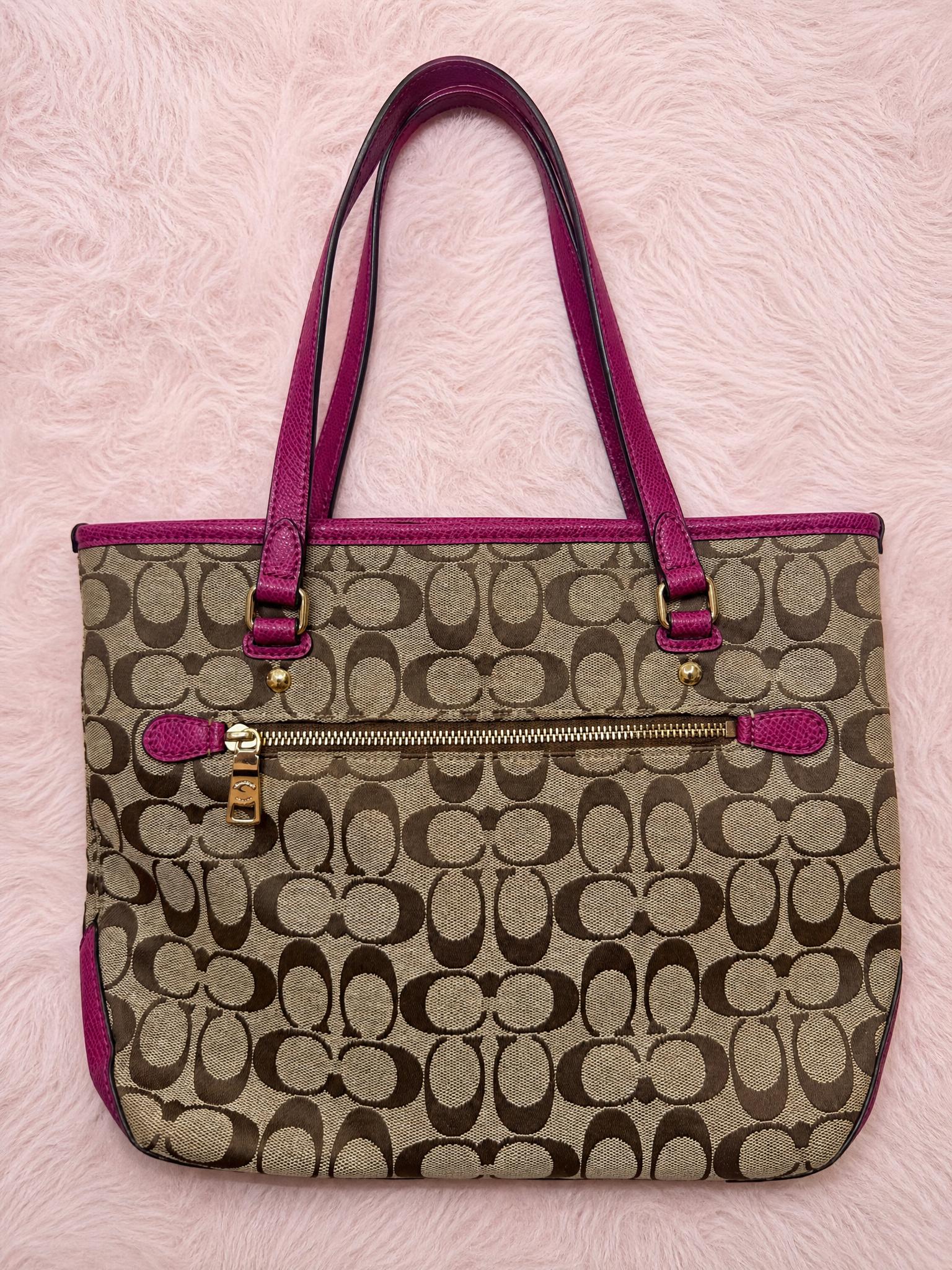 Coach Signature Canvas Tote Bag with Pink Trim - Very Good