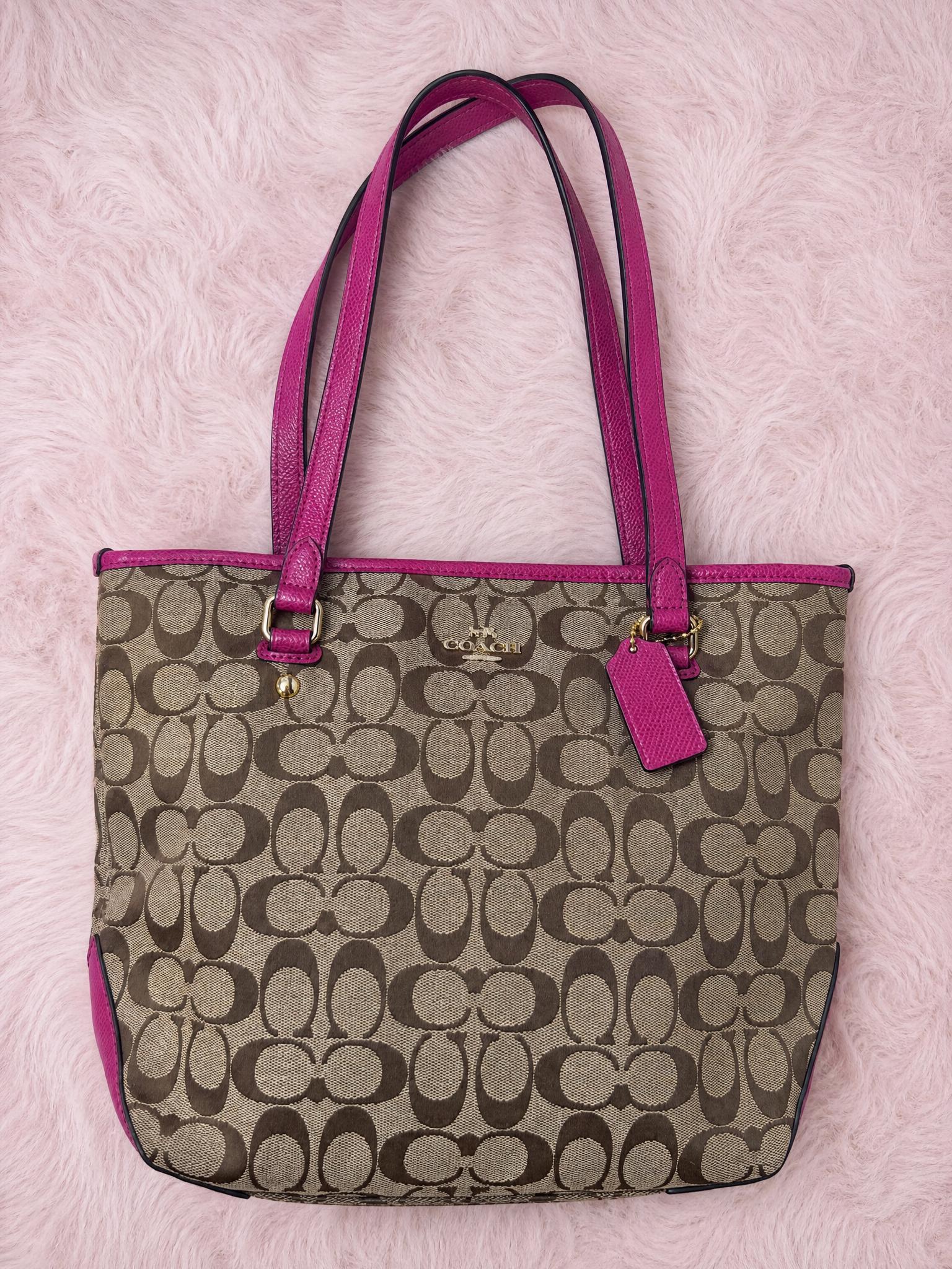Coach Signature Canvas Tote Bag with Magenta Trim Very Good