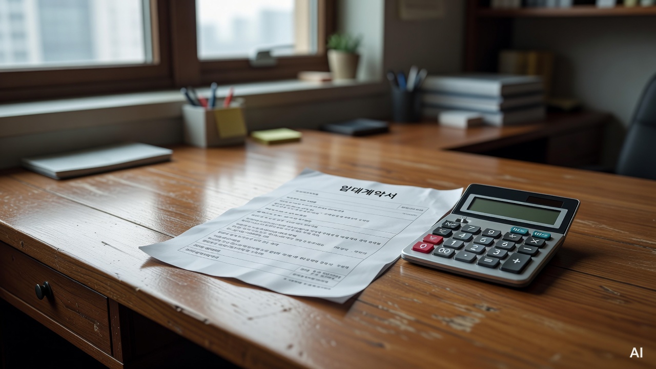 rental contract document and calculator placed on a wooden desk