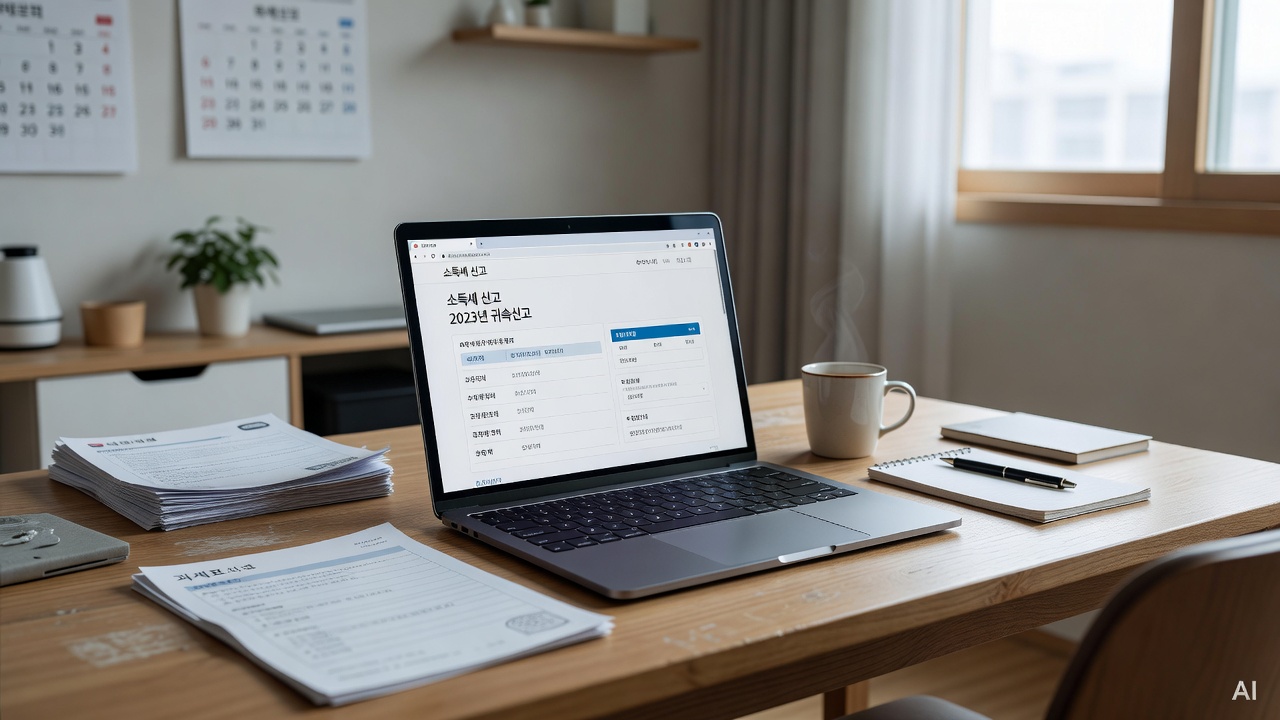 laptop screen showing tax return filing page on a home office desk