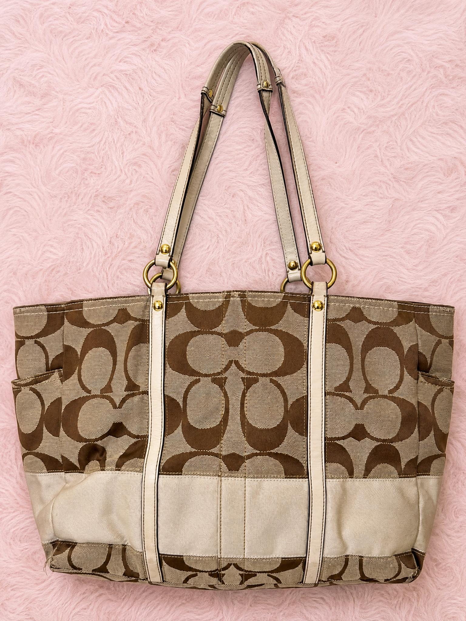 Coach Signature C Canvas Tote Bag Tan Brown Leather Trim