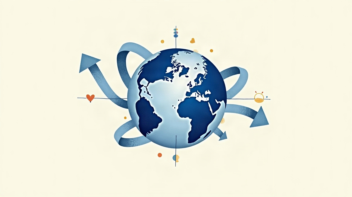 Illustration d'un globe dont les méridiens se ramifient en plusieurs versions linguistiques