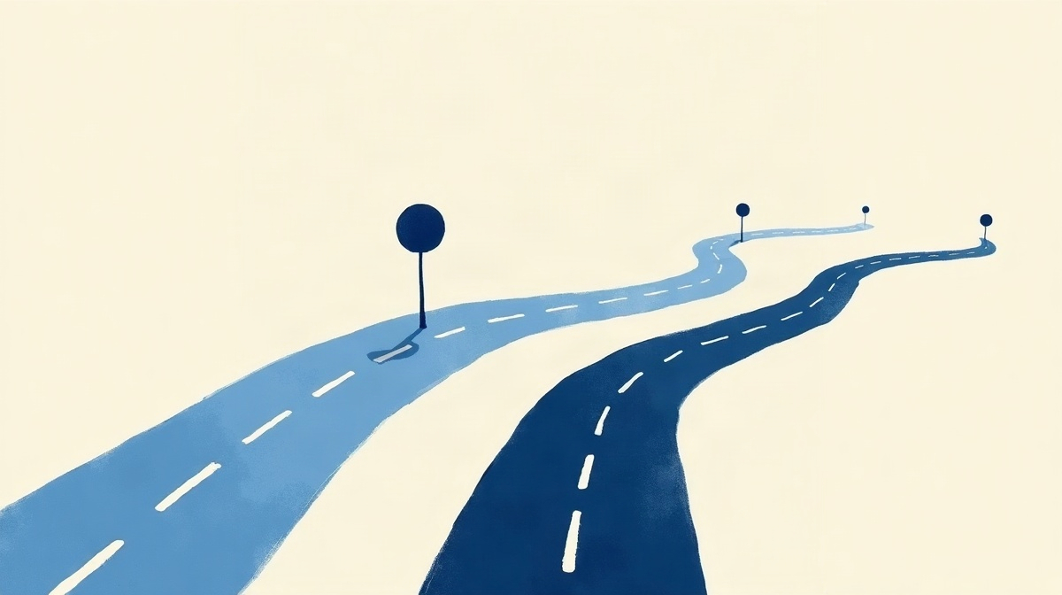 Illustration d'un chemin se divisant en deux routes jalonnées, recruter ou former