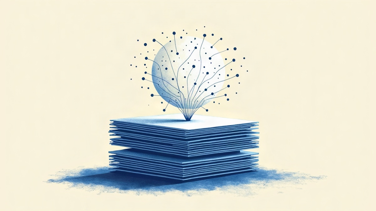Illustration de documents alimentant une sphère de nœuds connectés qui renvoie une réponse