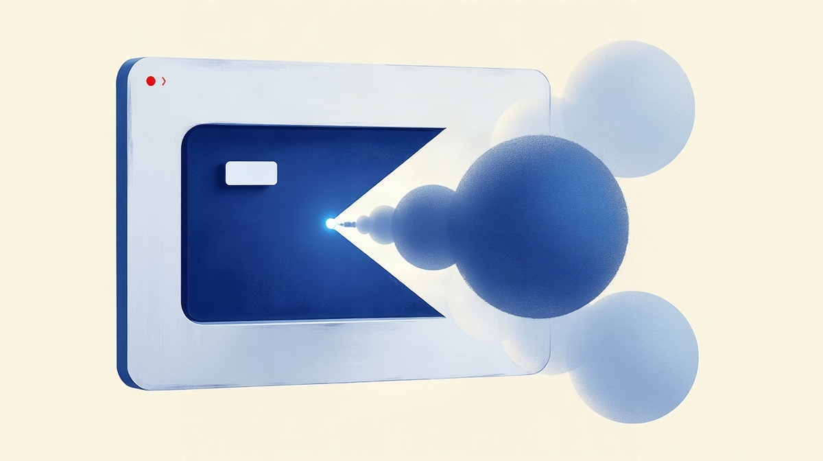 Illustration d'une fenêtre de terminal abstraite s'ouvrant vers des formes non techniques