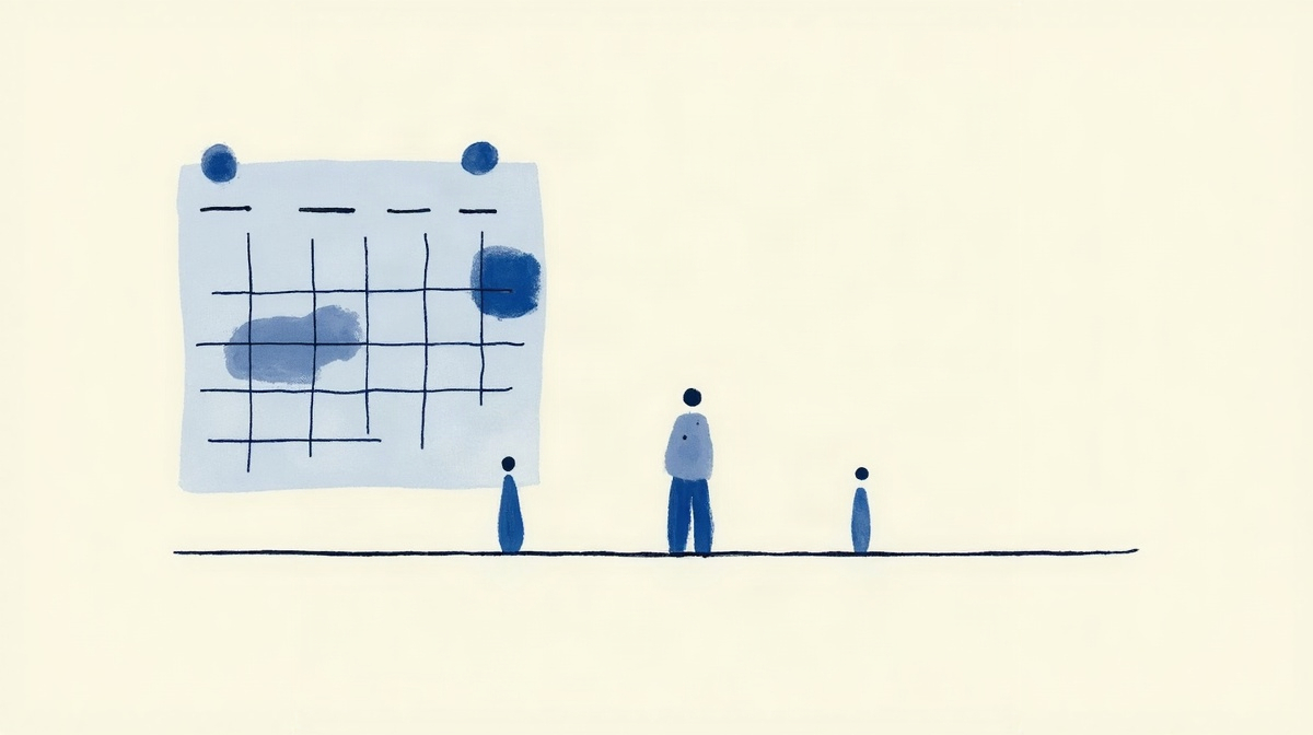 Illustration d'un calendrier mensuel avec des cases marquées et une frise d'équipe