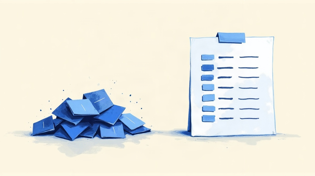Illustration de tickets froissés se transformant en registre aligné et net