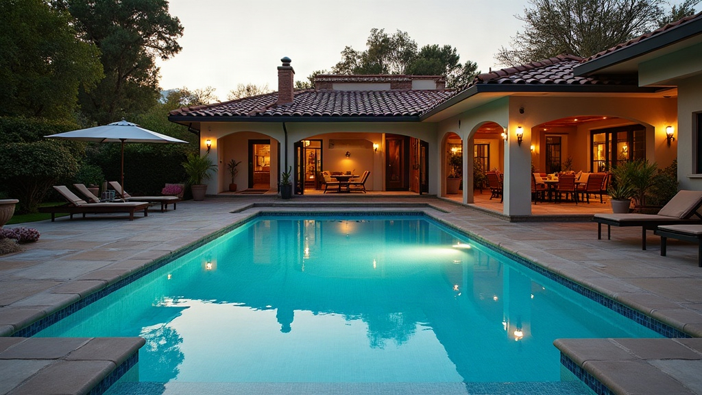 Crystal clear Southern California swimming pool at golden hour