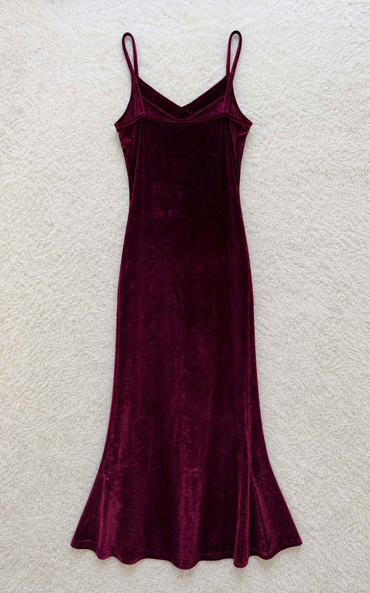 Burgundy velvet slip dress with draped V-neck