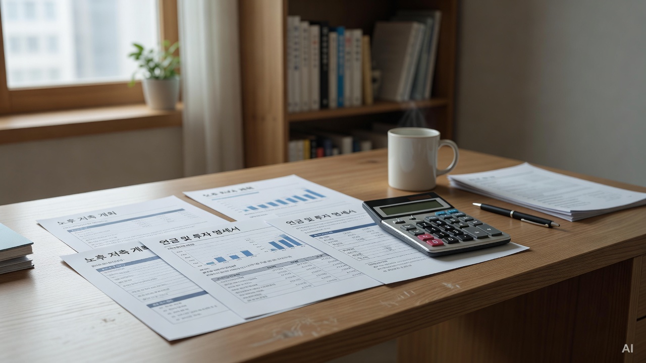 retirement savings documents and a calculator on a wooden desk