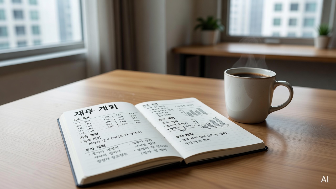 financial planning notebook open next to a cup of coffee on a desk