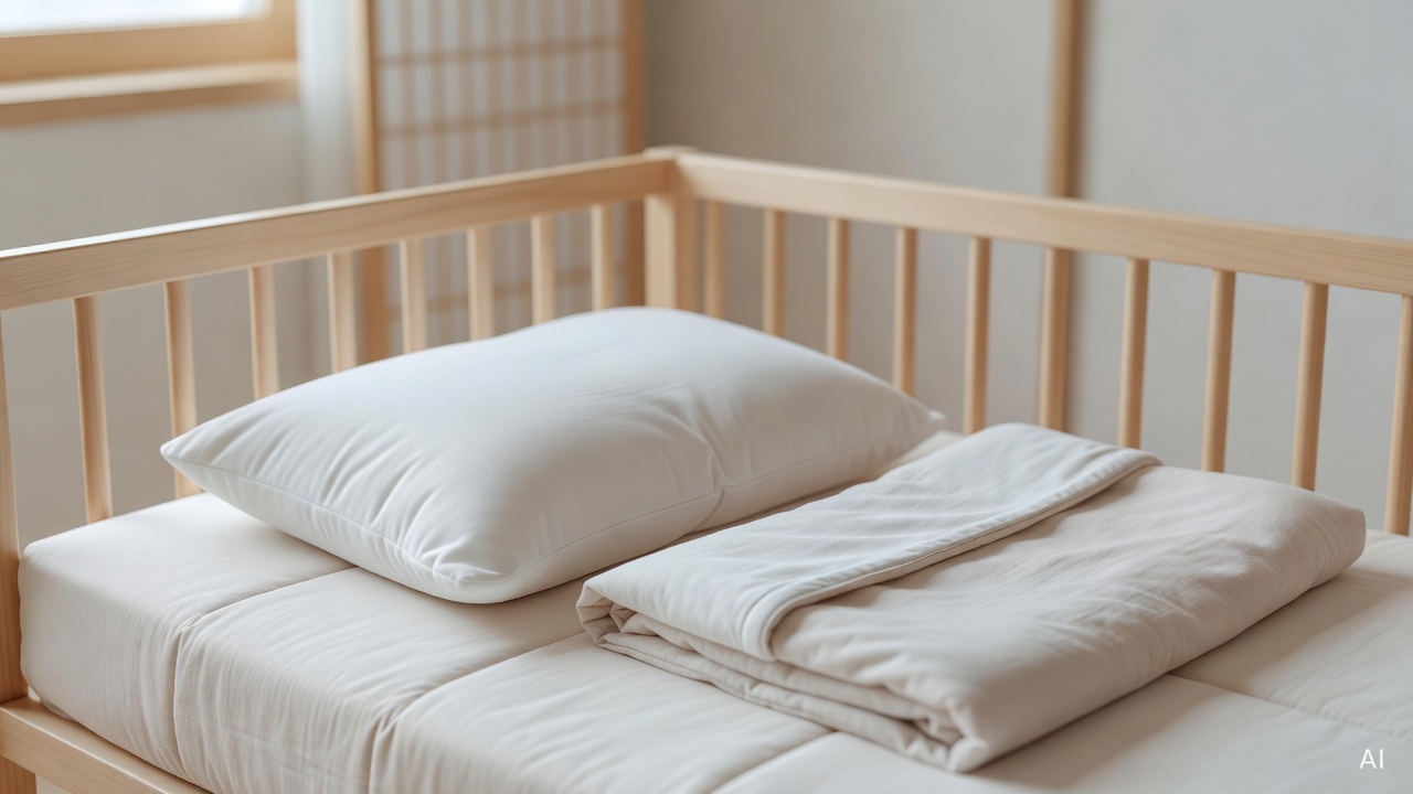 baby bedding and pillow with allergen-proof cover on a light-colored crib mattress