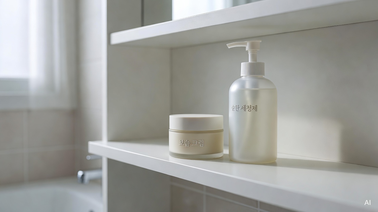 baby skincare products including moisturizing cream and gentle wash bottle arranged on a white bathroom shelf