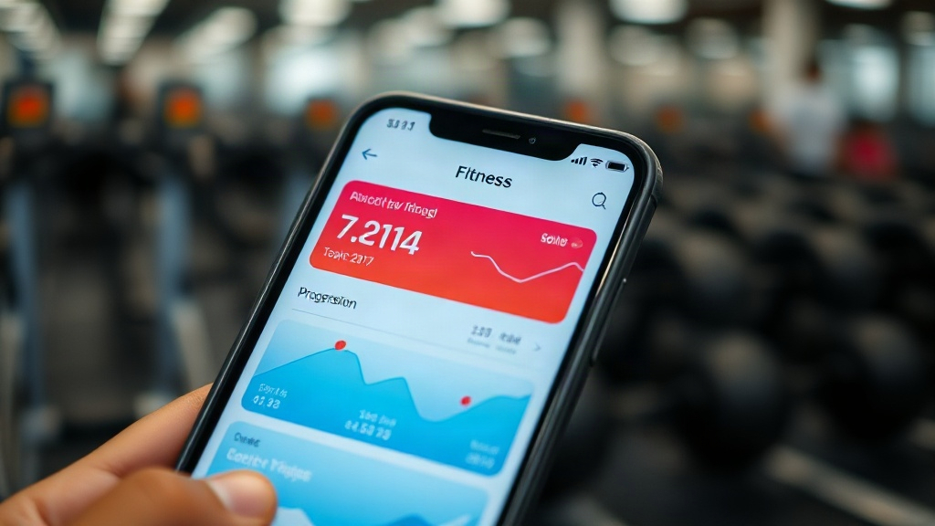 Close-up of a fitness tracker app on a smartphone showing workout progression charts, gym background