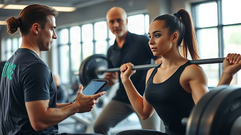 Personal trainer with a tablet coaching a client during a barbell squat in a modern gym, focused exp