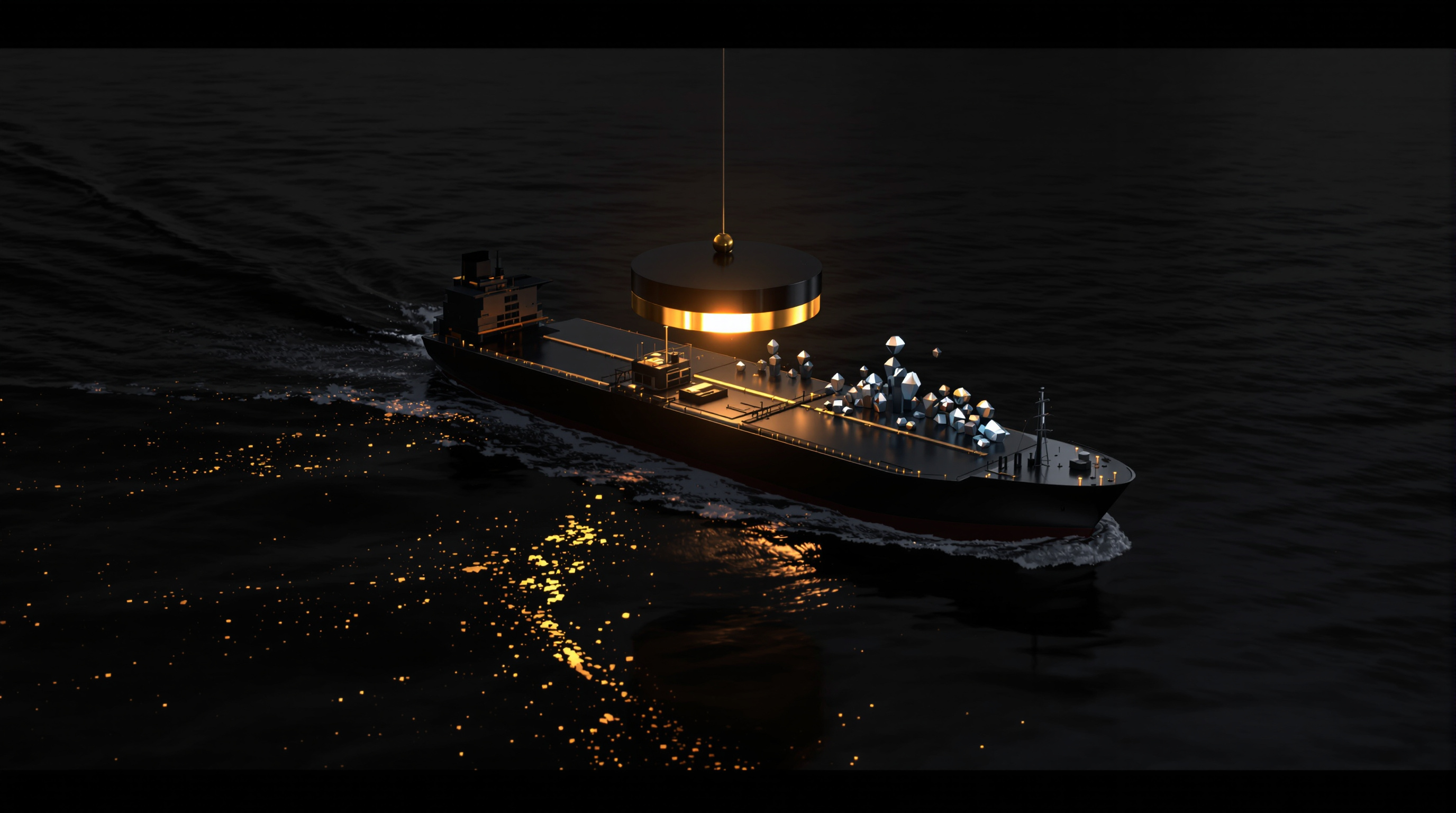 a lone matte-black oil tanker on a glassy dark sea, a suspended magnifying loupe above it, and a small cluster of rising faceted silver-blue token sha — editorial cover artwork for the Knightron story on Markets Drift As AI Scrutiny Deepens, Iran Strikes Roil Oil