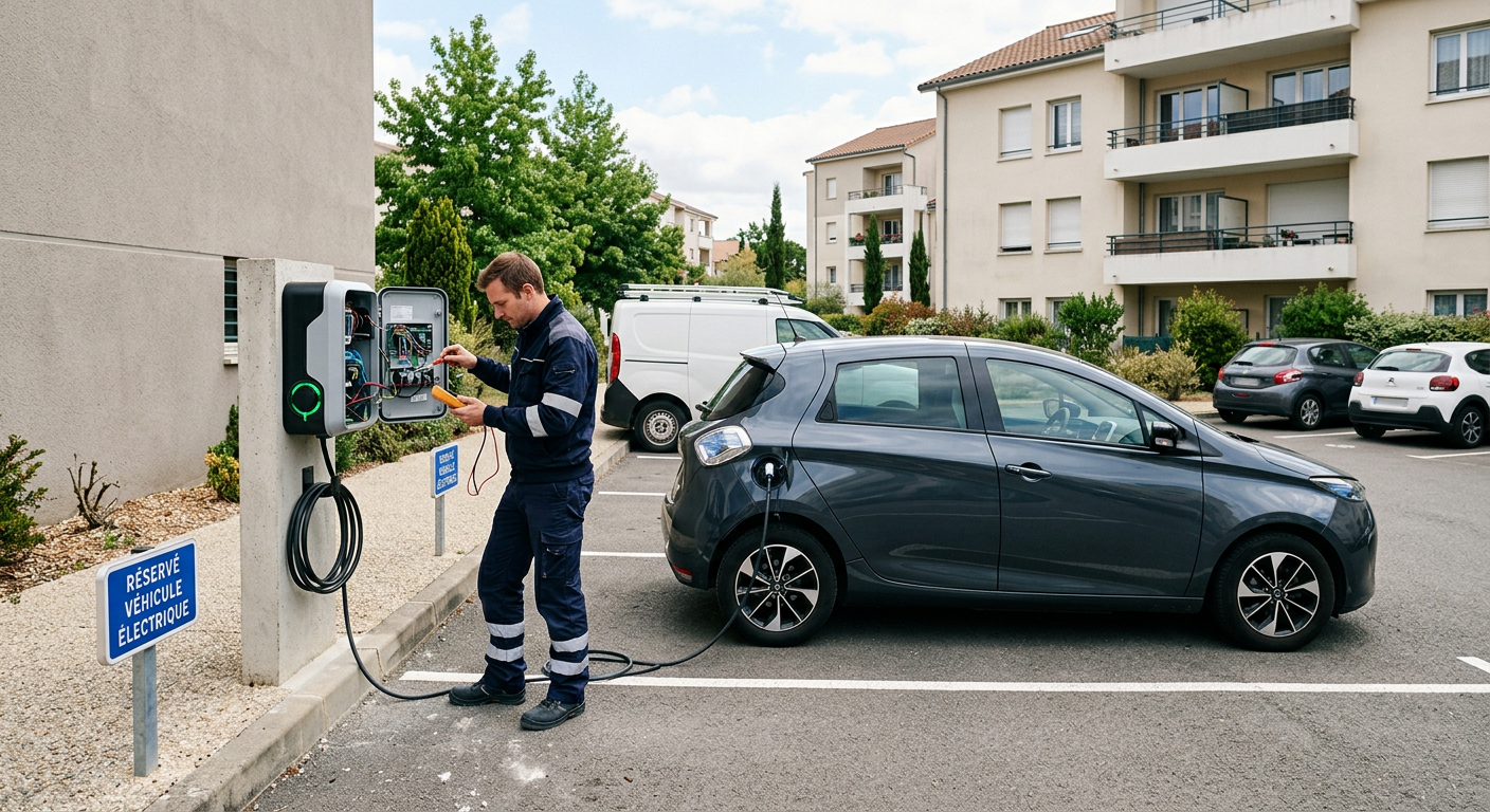Borne de recharge électrique IRVE neuve en installation dans un parking de copropriété avec un installateur en intervention