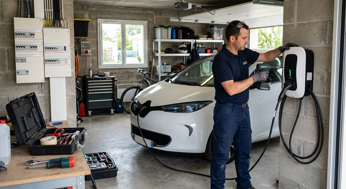 Installateur posant une borne de recharge électrique murale dans un garage avec une voiture électrique en charge.