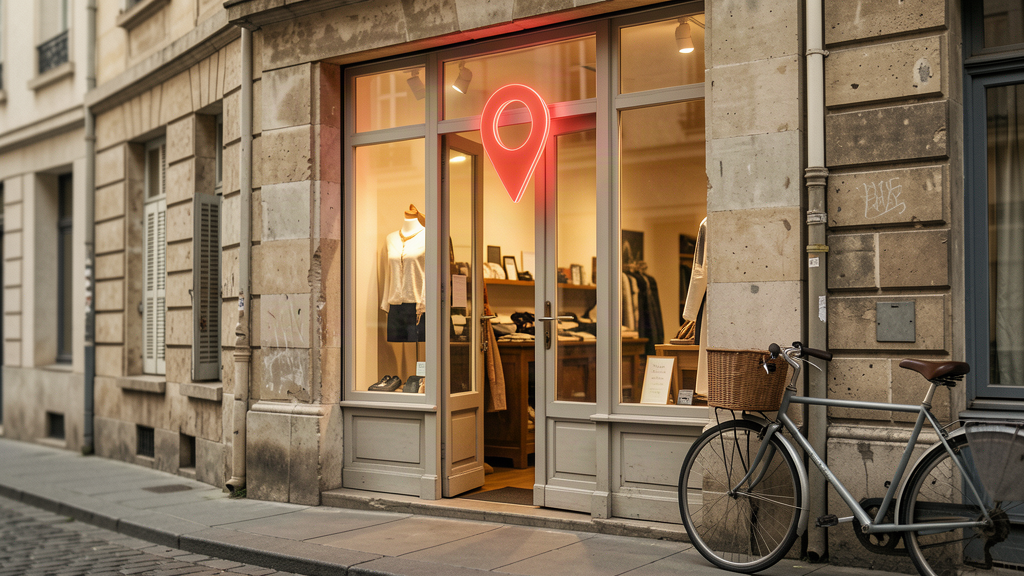 Vitrine de boutique avec une épingle de localisation Google Maps au-dessus de l'entrée