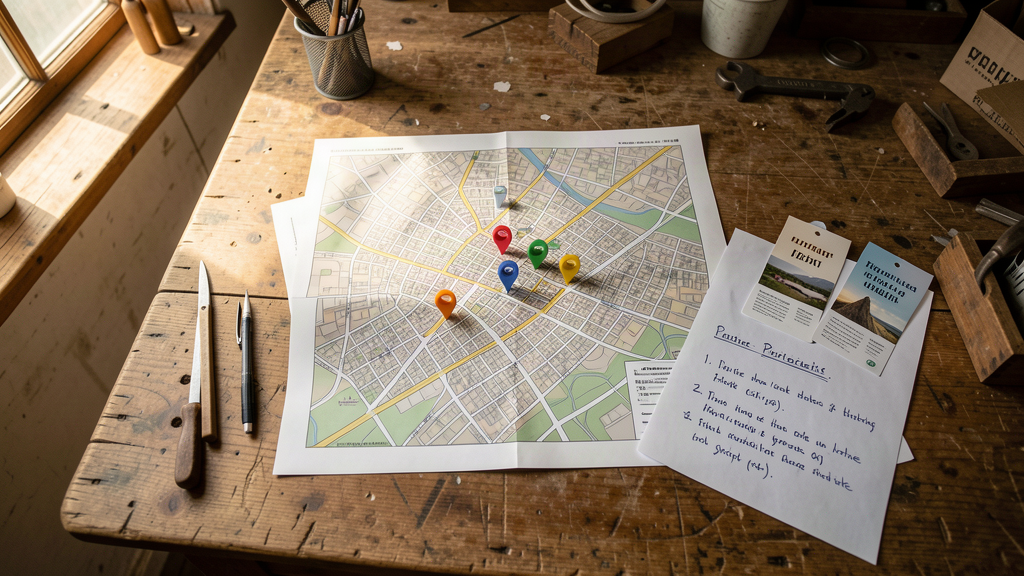 Carte de ville avec des épingles de localisation et des notes de priorisation sur une table de marchand