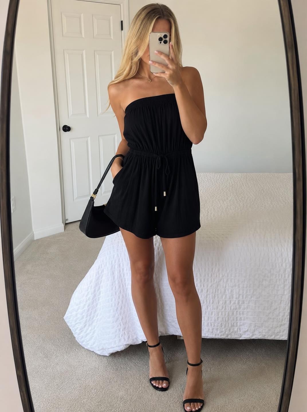 Black Strapless Playsuit with Tie Waist & Wide-Leg Shorts