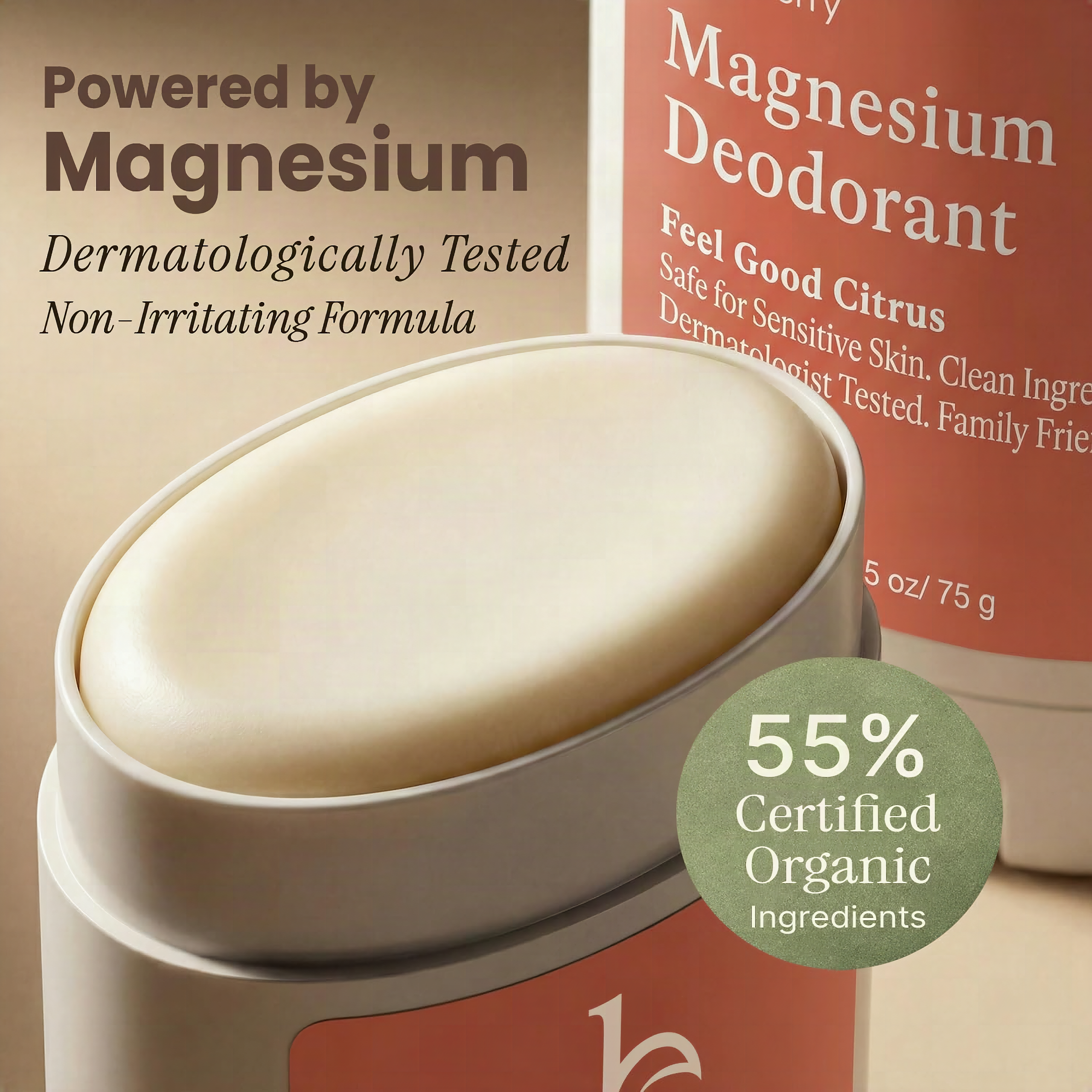 Macro close-up of aluminum-free deodorant stick showing creamy natural texture and twisted application tip